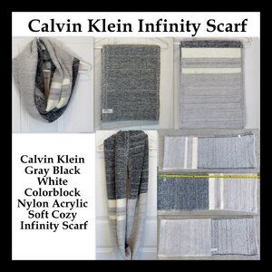 Calvin Klein Gray Black White Colorblock Nylon Acrylic Soft Cozy Infinity Scarf